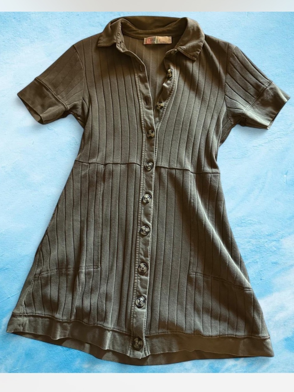 Free People Ribbed Polo-Style Button Front Dress in Olive size M
